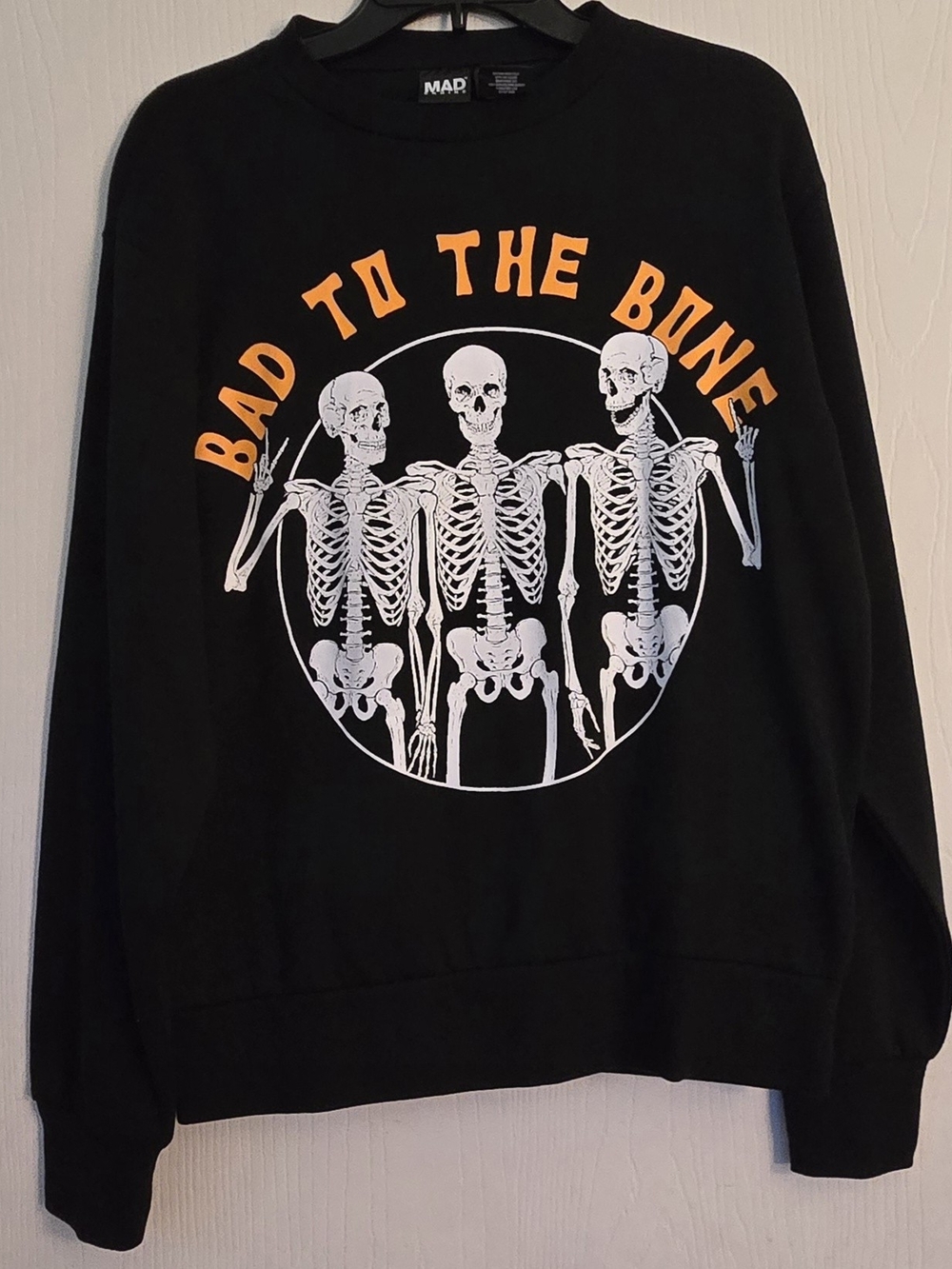 NWT Men's XS MAD Engine Black Crewneck Sweatshirt White Skeleton